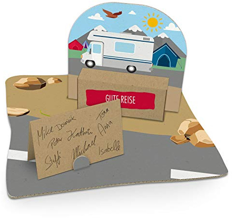 itenga Geldgeschenk Verpackung Camping Wohnmobil mit Zelten Gastgeschenk Verpackung Reisekasse mit Bodenplatte, Geschenkkarte und Stickerbogen