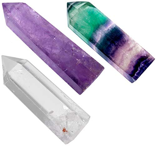 mookaitedecor Packung mit 3 natürlichen Kristall punkt, Heilkristall-Stäbe Facettiert Aura Rock Obelisk Tower für Reiki Chakra Therapie Meditation, Amethyst & Bergkristall & Fluorit