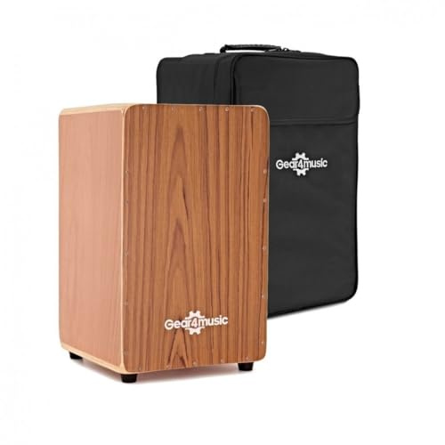 Gear4music Cajon Drum with Seatpad and Gigbag - Teak | Birch Body Percussion with Adjustable Internal Bells, Ideal for Busking and Intimate Gigs