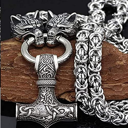 QQTQQ Collar con Colgante de Martillo de Thor con Cabeza de Lobo Vikingo para Hombres, joyería de talismán de Acero Inoxidable Pesado nórdico Mjolnir,Silver-70cm