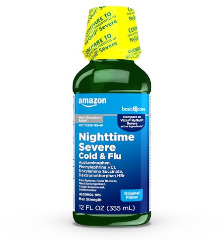 Amazon Basic Care Nighttime Severe Cold and Flu Syrup, Max Strength Liquid Medicine for Cough, Sore Throat, Nasal Congestion, Pain Reliever, Fever Reducer, Original, 12 fl oz