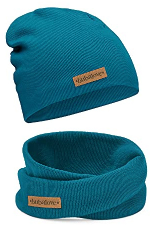 Bubalove - Cappelli e sciarpe per ragazzi, ragazze, bambini, taglie da 1 anno a 8 anni+, molti colori, set di cappello e sciarpa in cotone per bambini, berretti di cotone,, Blu marino, 46-52