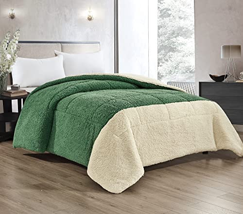 Trapunta Invernale In Tessuto Sherpa Flanellato Caldo Piumone In Morbida Microfibra Effetto Velluto Bicolore Coperta Flannel Un Lato Tinta Unita Un Lato Fasciato - Verde-Panna - Matrimoniale
