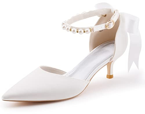 Coutgo Womens Pearl Ankle Strap Pumps Low Kitten Heel D'Orsay Satin Back Tieknot Heels Pointed Toe Wedding Party Dress Shoes