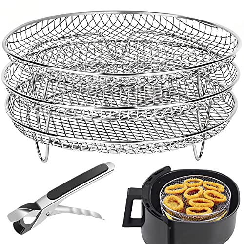 Beenle-Icey Air Fryer Rack for Ninja Air Fryer, 3 Stackable Dehydrator Racks with Clip, Stainless Steel Air Fryer Basket Tray, Multi-Purpose Air Fryer Accessories for Oven and Press Cooker
