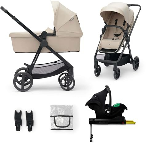 Kinderkraft NEWLY 4 en 1 Carrito, I-Size, Sistema de viaje, Carrito, Silla De Paseo, Silla coche, Base Isofix, Ligera, Carro Bebe, Cochecito 3 Piezas, Plegable, desde el nacimiento hasta 22 kg, Beige