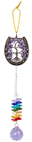 KYEYGWO Horseshoe Shape Crystal Tree of Life Hanging Ornament Reiki Chakra Stone Wall Hanger Decor for Home and Office, 7 Chakra & Suncatcher Pendant