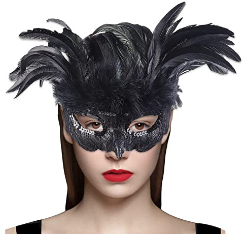 Cranight Venezianische Maske Damen Herren, Maskenball Masquerade Mask, Schwarze Federmaske Rabenmaske für Karneval Fasching Halloween Cosplay Kostüm Zubehör