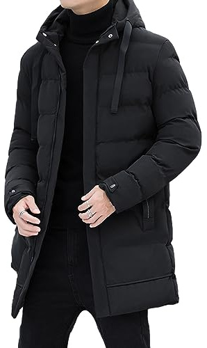 aromm Hombre Chaqueta Térmica de Invierno con Capucha Longitud Media Acolchado Relleno Abrigos de Plumón Negro, L