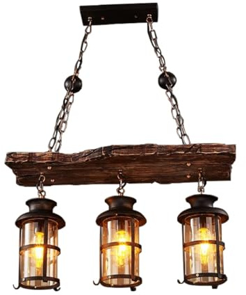 PANNN Pendant Lamp Wood Industrial Wood Pendant Light with 3 Heads Dining Table Lamp E27 Base Adjustable Height Black Hanging Light with Glass Light Shade for Kitchen Dining Room Restaurant Bar