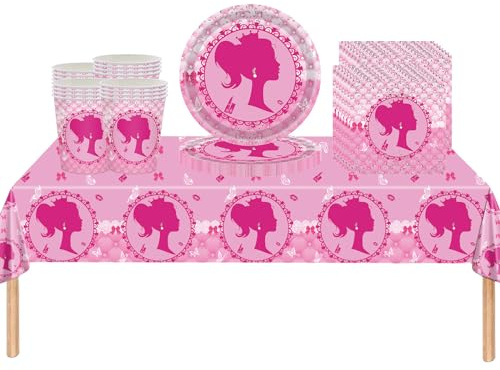 53Pcs Hotpink Girls Party Tablecloth,Cups,Plates,Napkins Decorations for BabyGirls Tableware Set,Disposable Party Tableware Covers,Dining Tableware for Grils Wedding Birthday Picnic Party Decorations