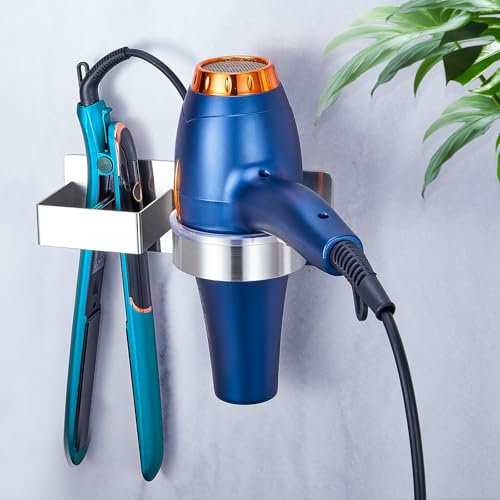 GGQ Föhnhalter Wand Ohne Bohren Glätteisen Halterung, Föhn Halterung, Fönhalterung Wandhalterung, Edelstahl Glätteisen und Haartrockner Halterung, Selbstklebend Haartrocknerhalter Für Bad Barbershop