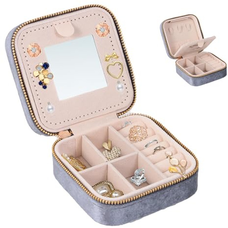 Schmuckkästchen Reise, Schmuckkasten klein, Schmuck-Reiseetui, Spiegel, Reißverschluss, Schmuckaufbewahrung tragbar Jewelry Box für Ringe,Armbänder,Ohrringe,Halskette,Geschenk(Grau)