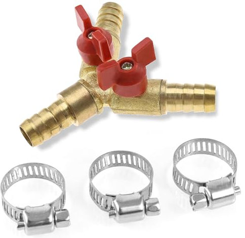 1 Stück 3 Wege Schlauchverbinder mit Absperrhähnen 10mm Messing Y förmiges Schlauchanschluss Kugelhahn 2 Schalter mit Klemmen Abzweigventil Verbinder für Tischlerarmatur Luft Wasser Gas