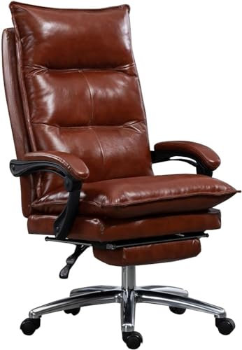 GJVBGA Bürostuhl, ergonomischer Chefsessel, Computerstuhl, echtes Leder, Komfort-Drehstuhl mit einziehbarer Fußstütze und verstellbarer Rückenlehne (Farbe: Braun)