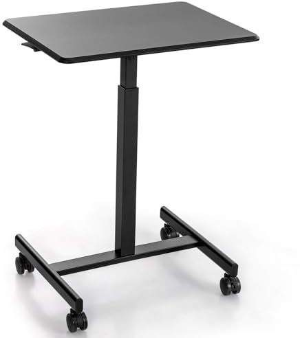 GYMAX Stehpult, Stehschreibtisch mit 4 Rollen, ergonomischer Computertisch mit Verstellbarer Höhe & geräumiger Tischplatte, Überbett-Tisch bis 80kg belastbar, für Heimbüro & Wohnzimmer (Schwarz)