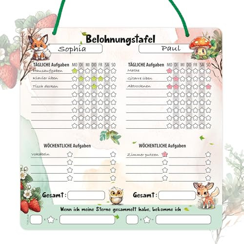 TOBJA Belohnungstafel für Kinder Ab 3 - Aufgabenplaner für Tägliche und Wöchentliche Aufgaben | Für Zwei Kinder, Sternesystem Zur Motivation | Abwischbar | Ideal für Routine Planer