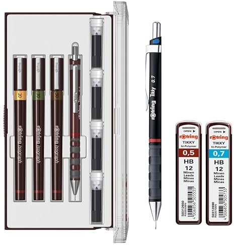 rOtring Isograph S0699320 Junior Set 3 x technische Stifte | 0,20 mm, 0,30 mm, 0,50 mm Fineliner | Set mit Bleistift 0,7 mm und 0,5 mm HB, 0,7 mm HB Minen