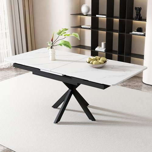 Modernt Utdragbart Köksbord med Marmormönster, MDF och Metall, Stort Rektangulärt Bord för 4–6 Personer, 150–180 x 70 x 76 cm (Vit)