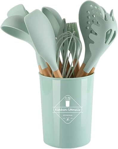 MF artSHOP Mestoli Da Cucina In Silicone, Set 12 Pezzi, Utensili Per Cucinare, Antiaderenti, Manico in Legno Appendibili Resistenti al Calore (Verde Salvia)