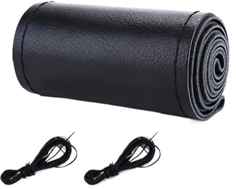 LMHGMUBVR Lenkradhüllen Lenkradbezug Fürs Auto Rutschfestes Weiches Echtleder Mit Nadel Und Faden 38cm Zopf Am Lenkrad Autozubehör(No Hole Black)