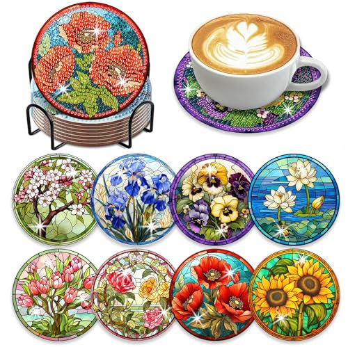 Lot de 8 dessous de verre en forme de fleurs avec support, kit de dessous-de-verre avec tampon en bois pour adultes et débutants, kit de peinture diamant rond complet pour fournitures cadeaux (fleurs