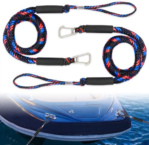 iKALULA 2 Pcs Cavi per Ormeggio barca, Bungee Dock Line con Gancio, Cravatta Elastica per Barche, Kayak, Pontone, Canoa (Nero + Blu + Rosso)