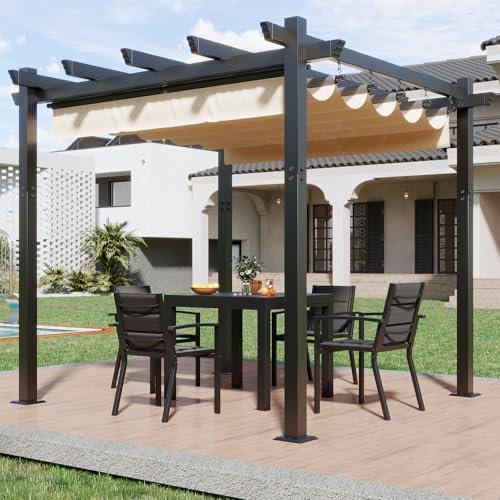 Devoko Pergola Aluminium 3x3, Pergola Jardin Exterieur, avec Fixations Magnétiques et Zone d'ombrage Réglable, Cadre en Aluminium, Convient pour Les Jardins et Les Cours,Beige