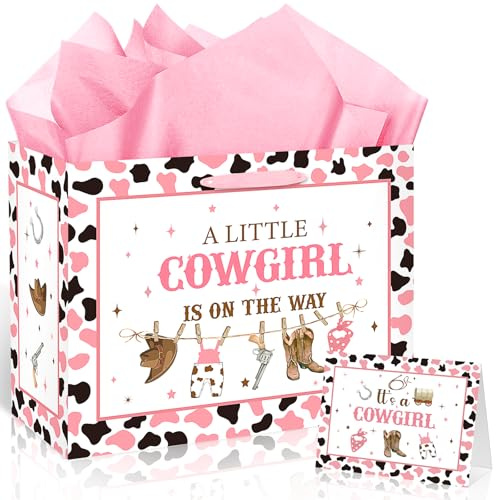 Geschenktüte für Babyparty, Geburtstag, für Mädchen, Jungen, mit Geschenkpapierkarte (Cowgirl)