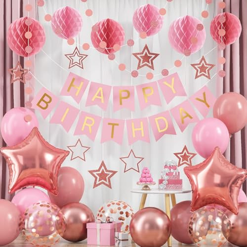 Rose Gold Birthday Decorations, Pink Happy Birthday Banner with Rose Pink Balloons, Honeycomb Balls, Stars Hanging Swirl Streamers, Circle Dots Garland, Party Decorations for Women Girls Kids