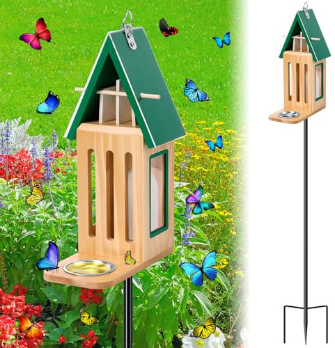 New Upgraded Butterfly House and Feeder for Outside - Wooden Butterfly House with Metal Stake for Garden Backyard, Natural Butterflies Habitat with Puddler on Floor or Hanging on Tree Wall