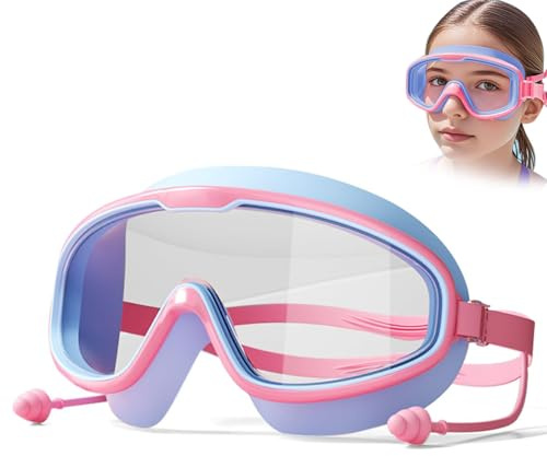 Zernblend Lunettes de plongée imperméables avec grand cadre et bouchons d'oreille, lunettes de natation, lunettes de plongée pour enfants Rose