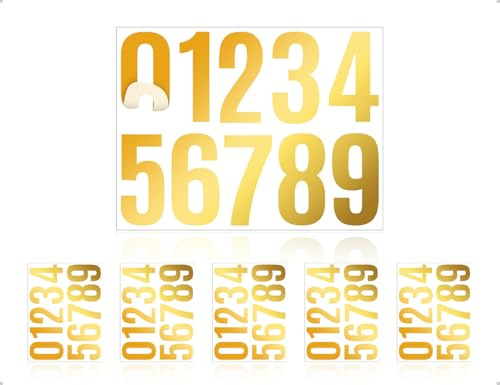 Emezddo 5 Blatt Zahlen Aufkleber,Selbstklebendes Wasserdichte Nummern Aufkleber,0–9 Reflektierende Vinyl Klebezahlen,verwendet für Briefkasten Hausnummer Residenz Lagerschilder(Gold,10 cm)