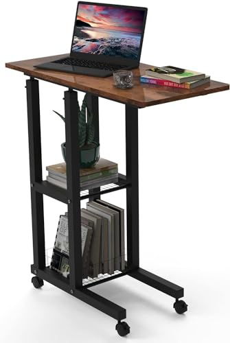 Wohenster Beistelltisch mit Rollen Couchtisch Höhenverstellbar Laptoptisch Mobiler Kaffeetisch Nachttisch Holz Betttisch C Form Sofatisch 60x30cm Tisch Wohnzimmer Schlafzimmer Büro, Vintage Braun