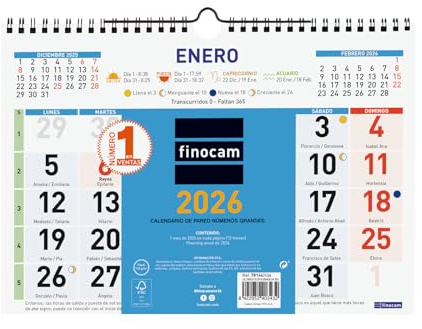 Finocam - Väggkalender stora siffror 2026 månadsvy januari - december 2026 (12 månader) | kalender 2026 | färg månadsplanerare - spanska