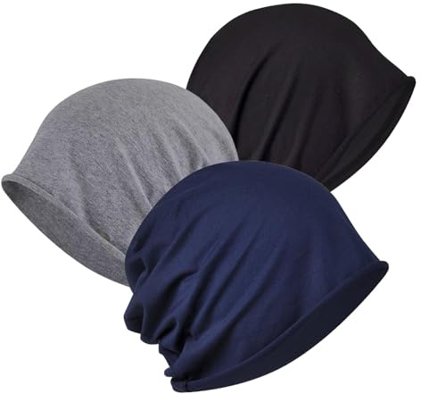 3 Pack Beanie, Mütze Herren Damen Dünne Slouch Beanie , Baumwollmützen für Chemotherapie, Schlafmütze, Kopfbedeckung Chemo, Dünne Slouch Baumwolle Mütz, Atmungsaktive Mütze, Schwarz, Dunkelblau, Grau