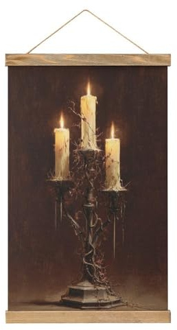 Jubonexis Gruseliger Kandelaber mit drei beleuchteten Kerzen, Leinwand, Gemälde, Holzrahmen, Posteraufhänger, Bilder-Set, Wandkunst