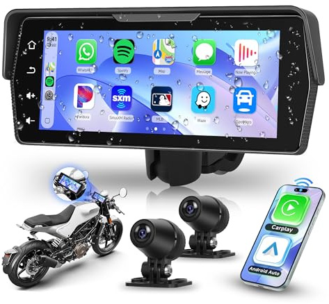 Rimoody 6.86 Zoll Carplay Display für Motorrad mit Dashcam 2 Kameras Vorne Hinten für Motorräder Wireless CarPlay Bildschirm Android Auto/IP68 Wasserdichter/Loop-Aufnahme/Bluetooth/Mirror Link/Navi/EQ