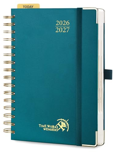 POPRUN Agenda 2026 2027 Journalier Format Moyen A5(21,5 x 14,5cm) | 1 Page par Jour D'Août 2026 à Juil 2027 12 Mois Scolaire,Couverture Rigide Spirale,Règle signet,Papier 80g/m²,Vert Pacifique