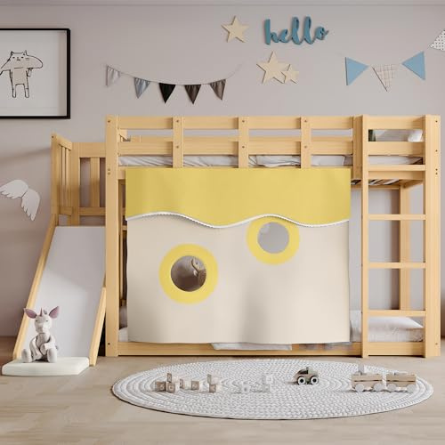 Terahanda Letto a castello, letto in legno con scaletta e sponde, con tenda, scivolo, lettino con protezione anticaduta e sponde, MDF+pino, 90x200 cm (natura)