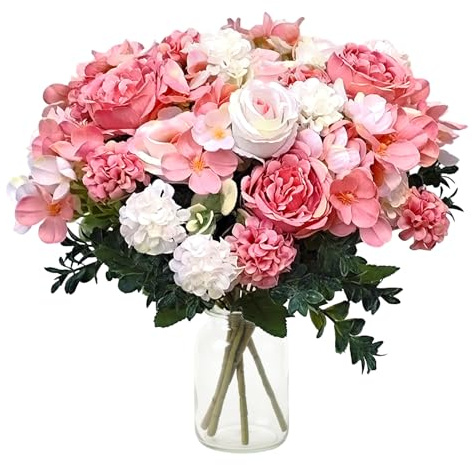 Jusdoja 4 Bündel Pfingstrosen Kunstblumen wie Echt, Rosa Fake Blumenstrauß | Kunstblumenstrauß mit Hortensien, Rosen. Für Innen & Draußen, Hochzeit, Zimmer, Tisch & Vase Deko.