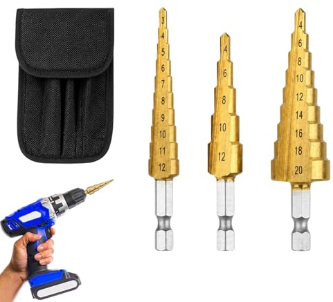 3 Pcs Titanium Coated HSS Step Drill Bits Hex Shank for Metal Wood Plastic | Titanium coated HSS build, 118° precise split point, non-slip hex shank, ideal for metal, wood and plastic DIY drilling