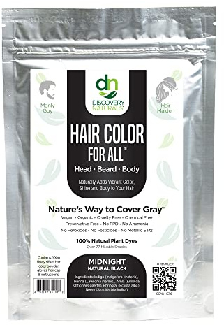 Midnight Natural Black Henna Hair Color For All Kit | 100% All Natural Hair Dye & Beard Dye Powder Kit Organic, Herbal & Vegan Chemical & Cruelty Free Permanent Gray Coverage & Tinting