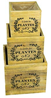 HRB 3er Set Blumenkästen Pflanzen viereckig Vintage, Töpfe Set mit Innenfolie ideal als Kräutergarten, Holzkisten für die Anzucht von Blumen, Blumentopf mit hübscher Aufschrift