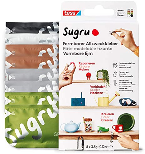 Sugru by tesa Malleable All-Purpose Adhesive, 8 Pack, 8 x 3.5 g, Black, White, Green, Brown & Grey - Versatile Adhesive Clay - for Repairing, Gluing and Fixing Without Drilling