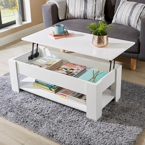 Home Source Coffee Table with Lift Up Top Storage Area and Magazine Shelf, White