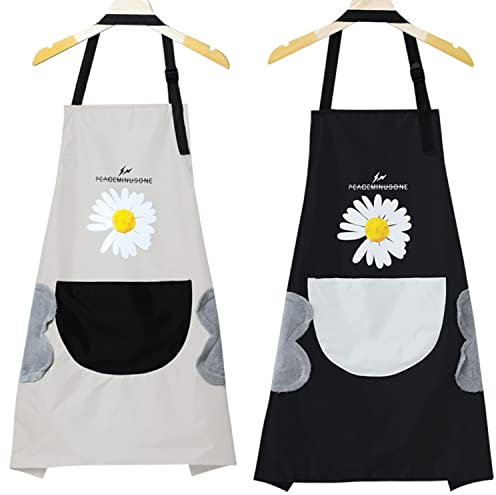 Voarge Delantales de cocina con diseño de margaritas pequeñas, ajustables y lavables, impermeables y aceitosos, con bolsillos, 2 unidades