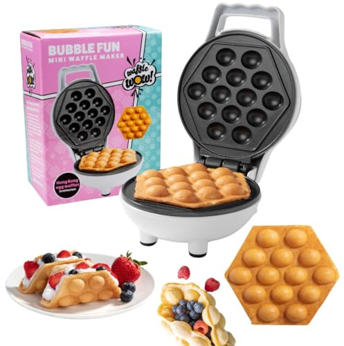 Bubble Mini Waffle Maker- Breakfast Fun w Tiny Hong Kong Egg Style Design, 4 Individual Waffler Iron, Electric Non-Stick Baker w Recipe Guide- Ice Cream Treat Dessert, Dorm Essential Must Have Gift