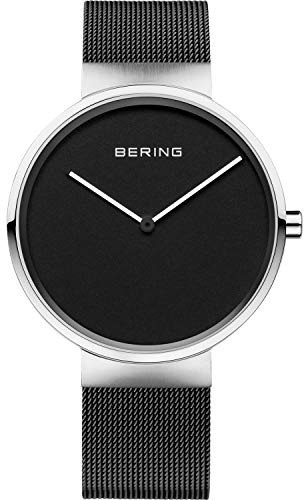 BERING Unisex Quarz Uhr | Armbanduhr 39 mm silbernes Edelstahlgehäuse und schwarzes Zifferblatt | Milanaisearmband | Saphierglas | 5 ATM | 14539-102