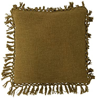 Creative Co-Op Cotton Slub Crochet and Fringe Pillow, 20 L x 20 W x 2 H, Green